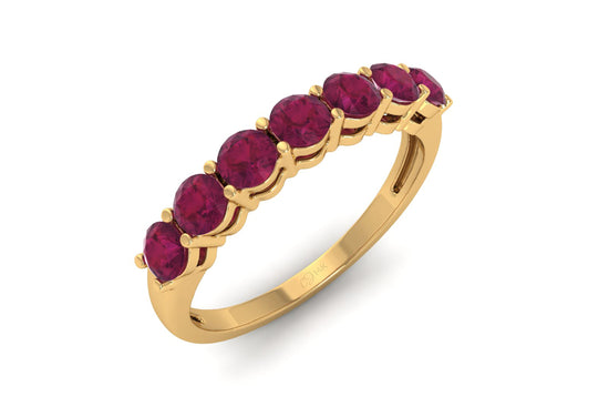 Seven Stone Wedding Band In 14k Solid Gold Burma Ruby 3mm Round Cut Half Eternity Ring