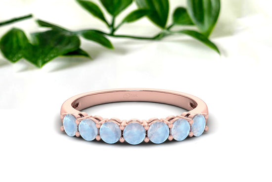 Brilliant Cut Half Eternity Band In 14k Solid Gold Rainbow Moonstone 3mm Gemstone Ring