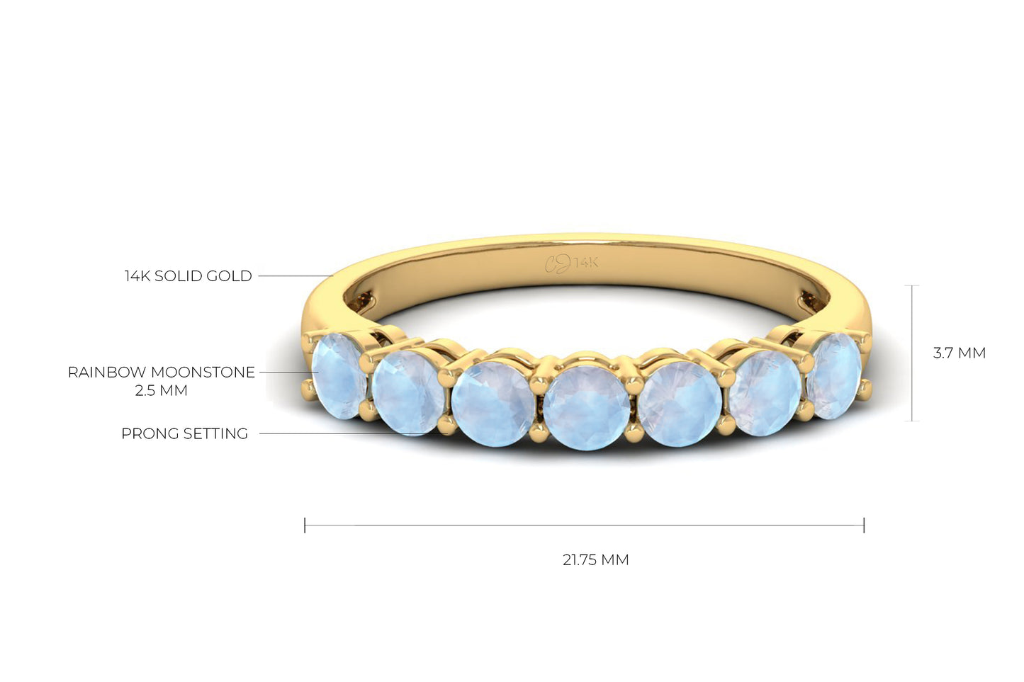 Brilliant Cut Half Eternity Band In 14k Solid Gold Rainbow Moonstone 3mm Gemstone Ring