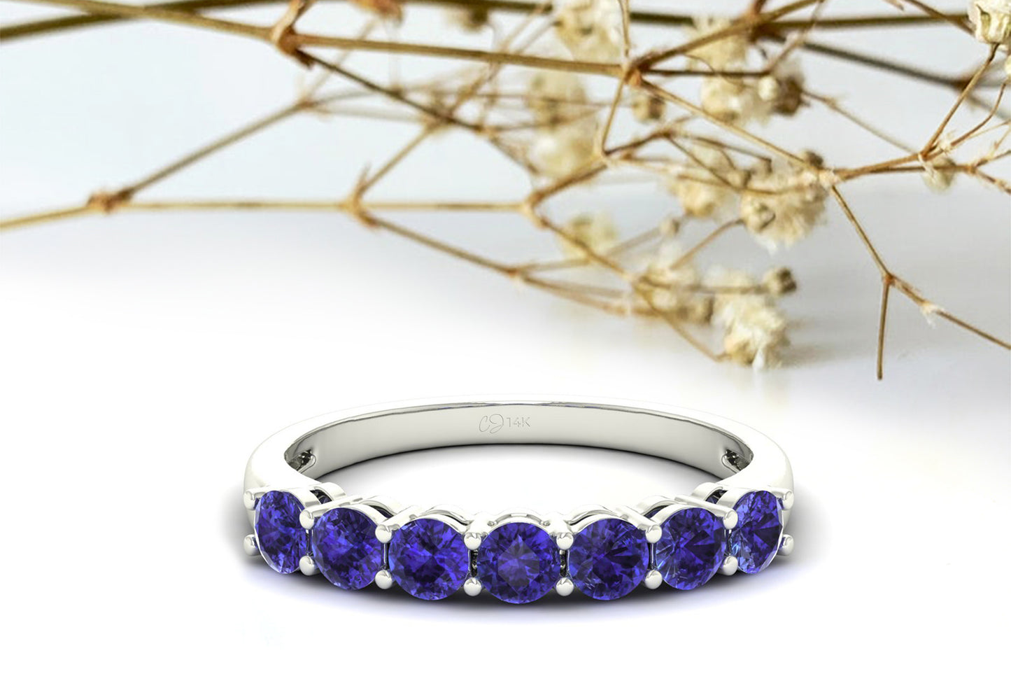 Seven Stone Stackable Ring With Tanzanite Gemstone 14k Real Gold Thin Band Anniversary Ring