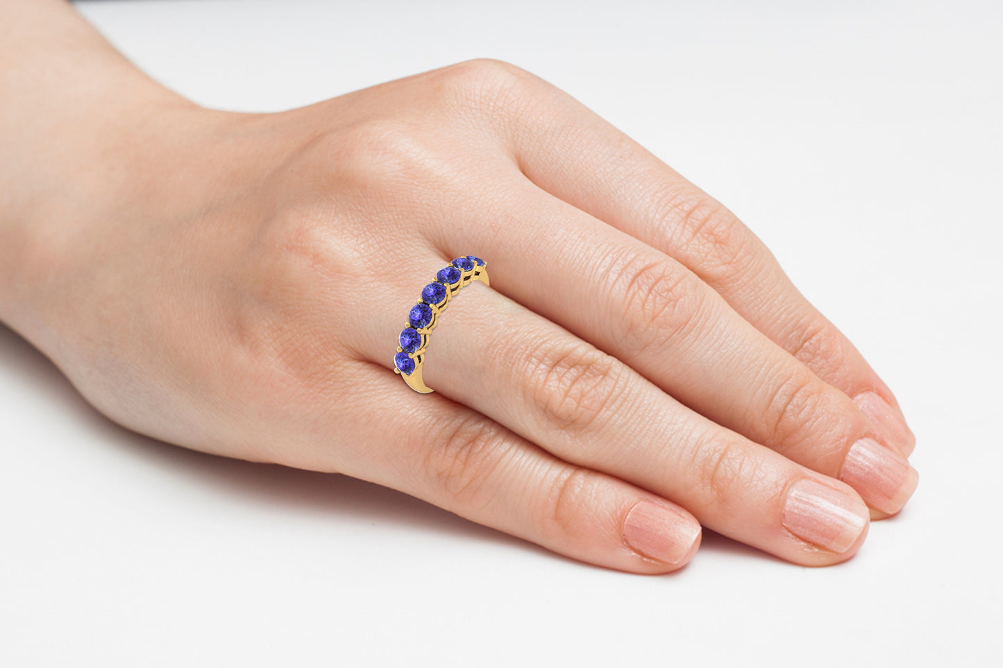 Seven Stone Stackable Ring With Tanzanite Gemstone 14k Real Gold Thin Band Anniversary Ring