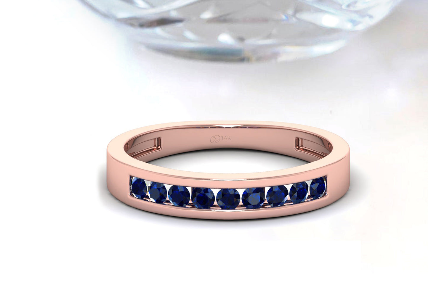 Stackable 14k Solid Gold Band With 0.27Ct Round Blue Sapphire Half Eternity Ring