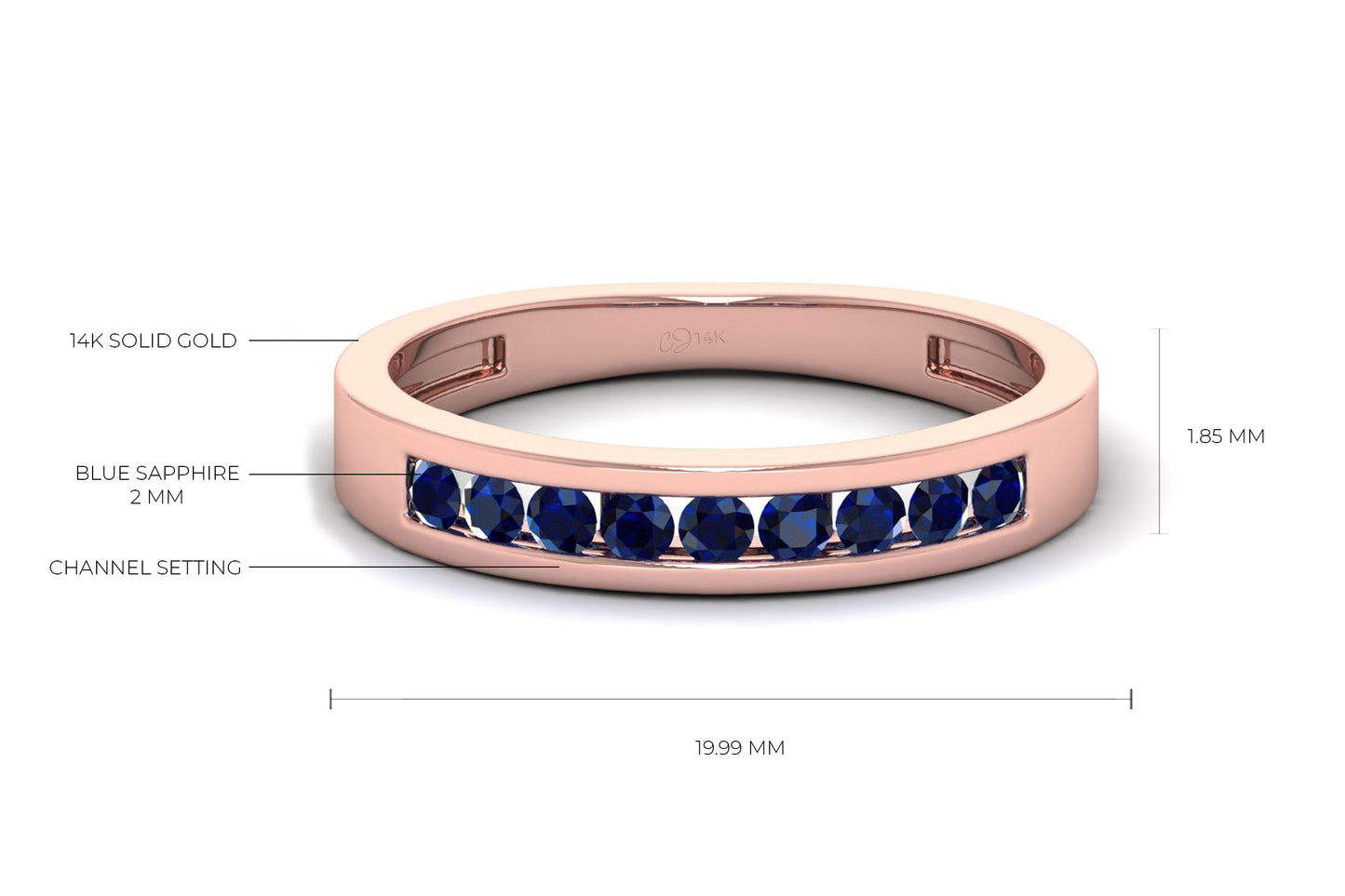 Stackable 14k Solid Gold Band With 0.27Ct Round Blue Sapphire Half Eternity Ring