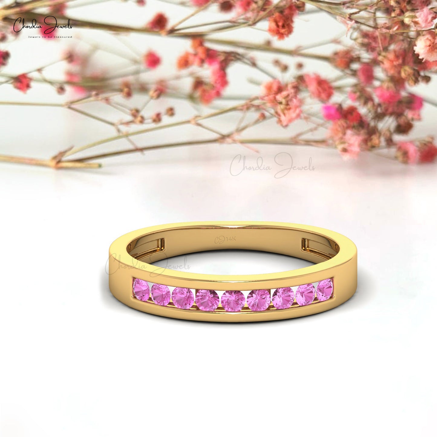 Nine Stone Half Eternity Band In Real 14k Gold Pink Sapphire 0.27Ct Gemstone Bridal Ring