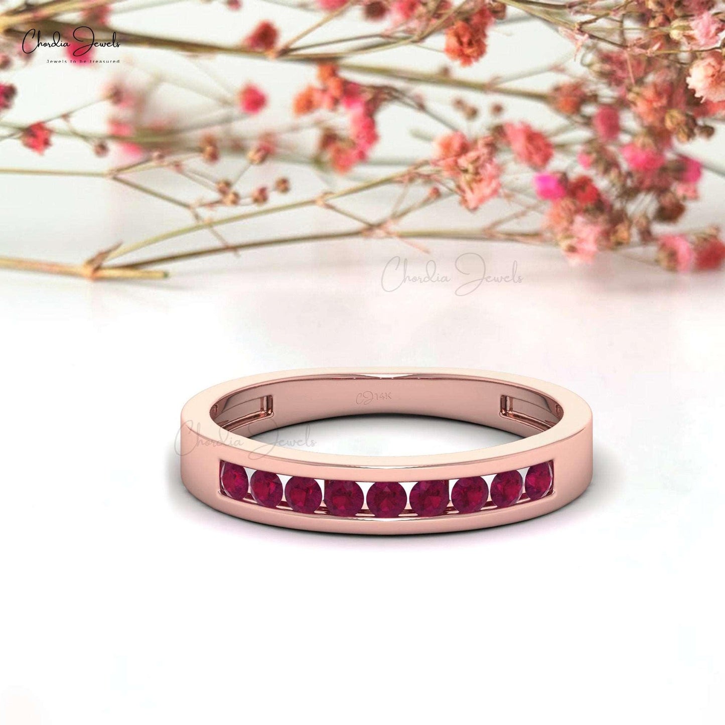Half Eternity Ring In 14k Solid Gold Burma Ruby 2mm Brilliant Cut Gemstone Ring