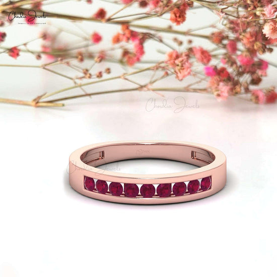 Half Eternity Ring In 14k Solid Gold Burma Ruby 2mm Brilliant Cut Gemstone Ring