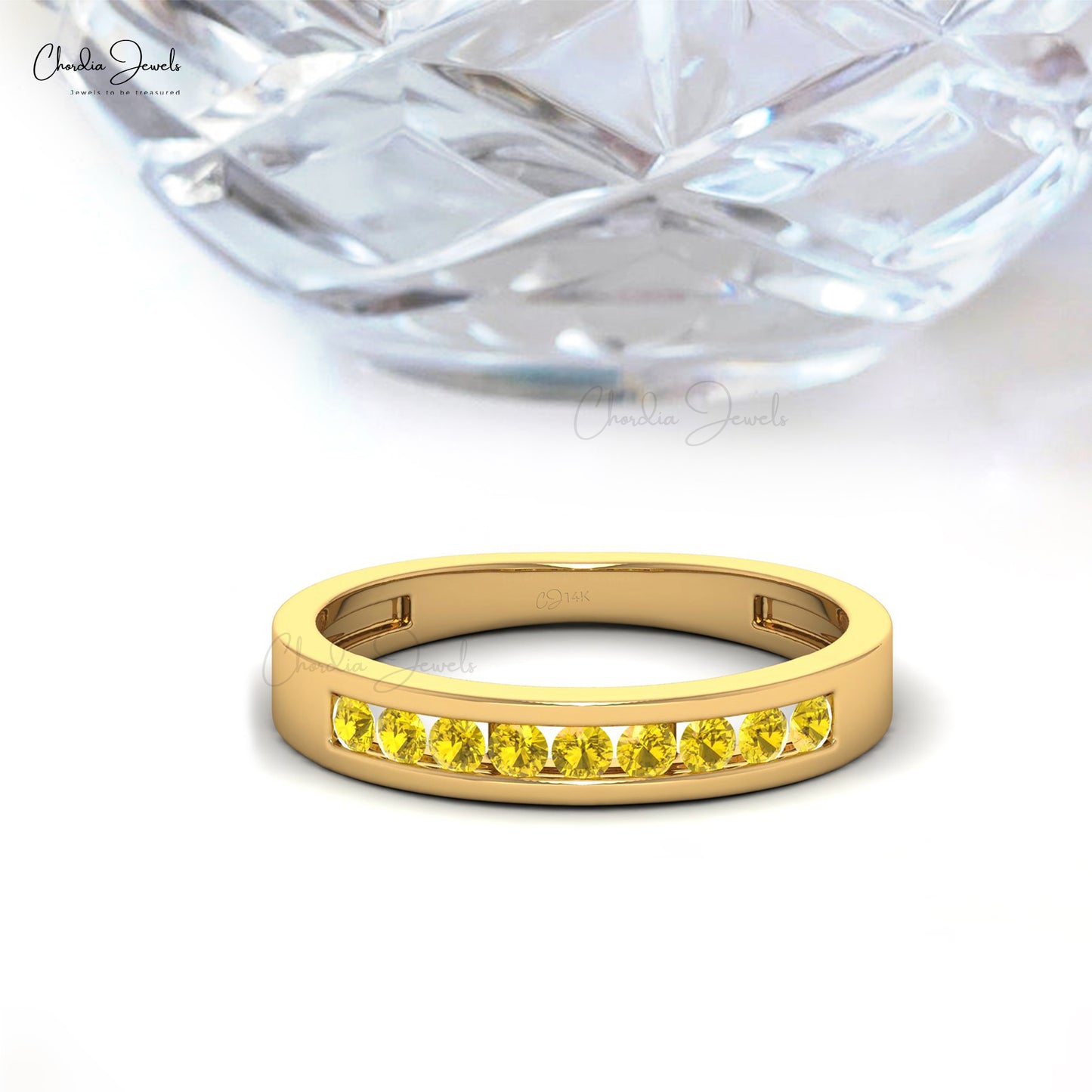 Round Cut Wedding Ring With 2mm Yellow Sapphire Channel Set In 14k Gold Band Rings