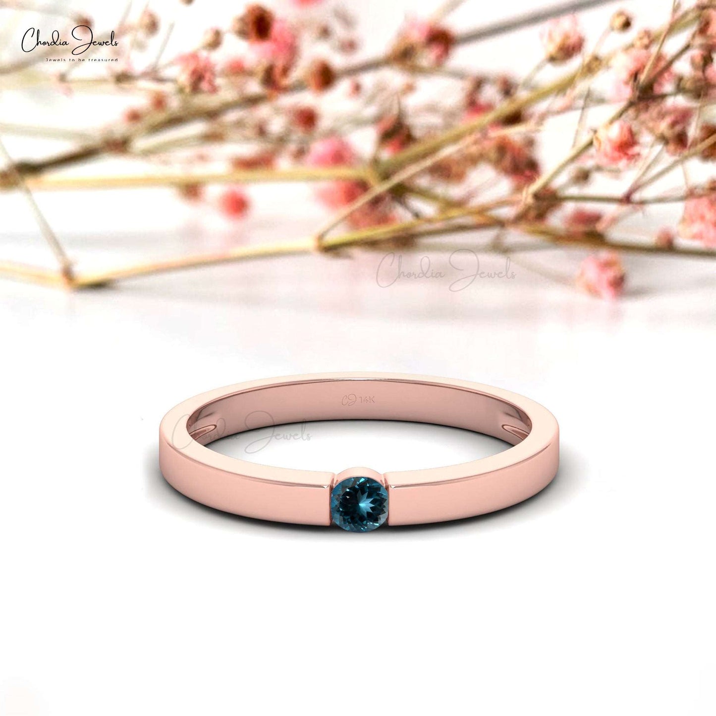 1.05 Carats Natural London Blue Topaz Dainty Ring, 14K Solid Gold Gemstone Solitaire Ring For Anniversary Gift