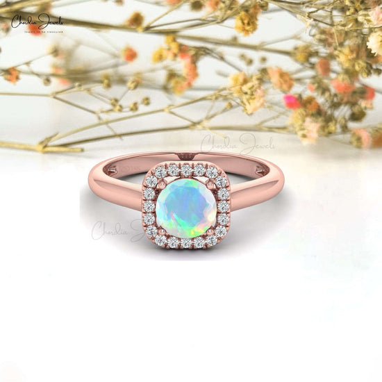 Load image into Gallery viewer, 14k Solid Gold Diamond and Gemstone Dainty Ring For Valentine, 0.57 Carats Natural Ethopian Opal Halo Ring For Gift
