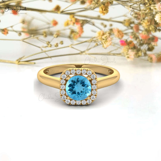 14k Solid Gold Natural Gemstone and Diamond Halo Ring, 6mm Round Cut Swiss Blue Topaz Dainty Ring For Wedding Gift