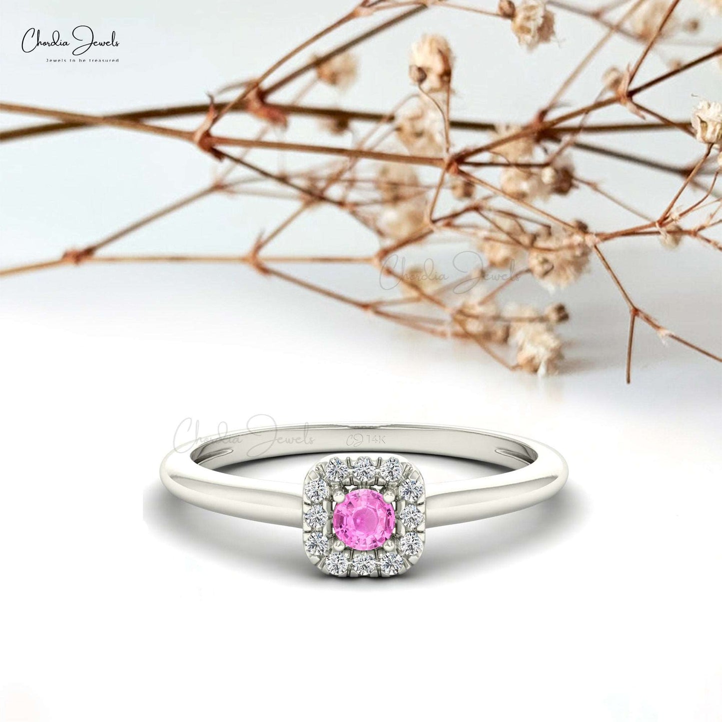 14k Solid Gold Diamond and Natural Gemstone Halo Ring, 3mm Round Cut Pink Sapphire Dainty Ring