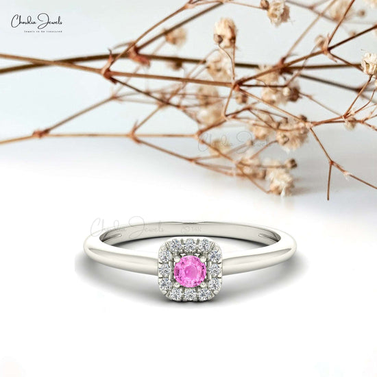 14k Solid Gold Diamond and Natural Gemstone Halo Ring, 3mm Round Cut Pink Sapphire Dainty Ring