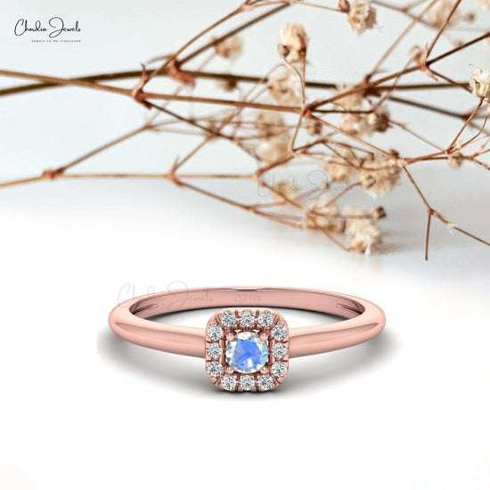 0.13 Carats AAA Rainbow Moonstone & Round Cut Diamond Halo Ring, 14k Solid Gold Natural Gemstone Ring For Women - Chordia Jewels