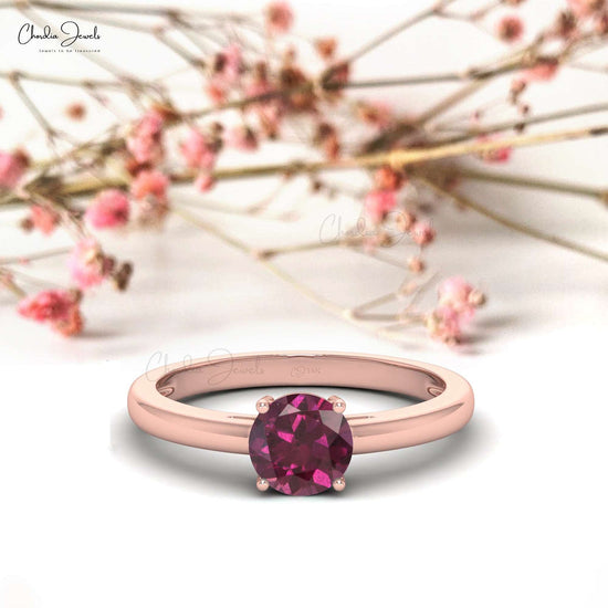 14k Solid Gold Sharing Prong Gemstone Solitaire Ring , 1.1 Carats Natural Rhodolite Garnet Dainry Ring For Women
