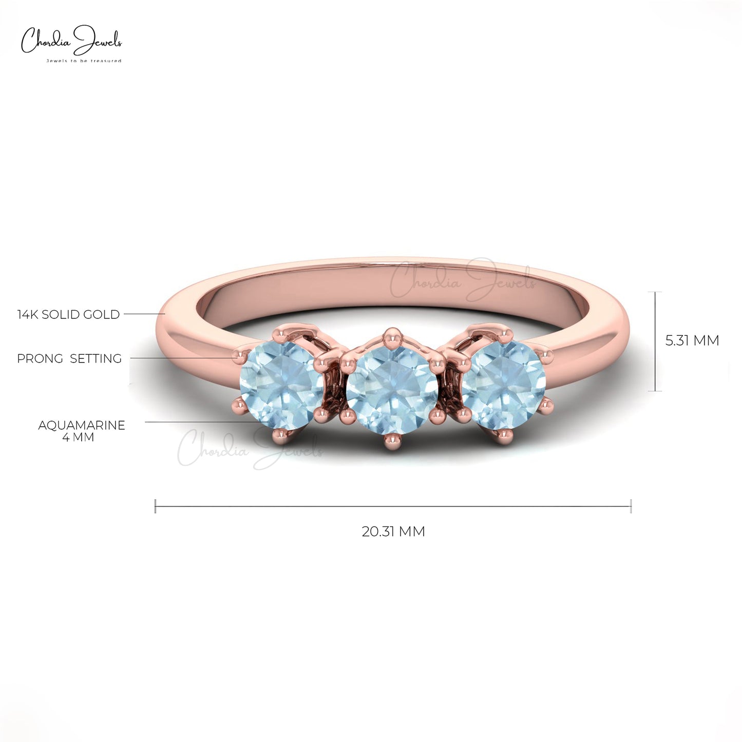 Three Stone Promise Ring With 4mm Aquamarine Prong Set In 14k Real Gold Stack Ring