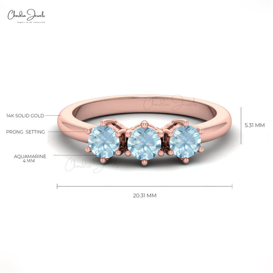 Three Stone Promise Ring With 4mm Aquamarine Prong Set In 14k Real Gold Stack Ring