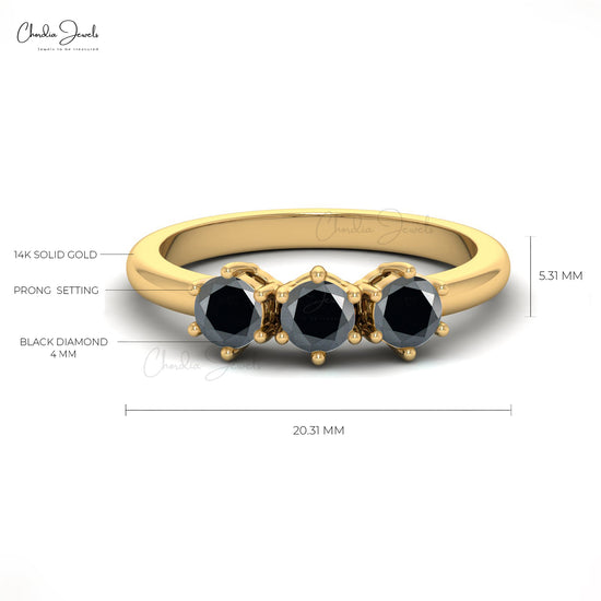 Genuine Black Diamond Engagement Ring 14k Real Gold April Birthstone Dainty Ring 4mm Round Cut Gemstone Fine Jewelry