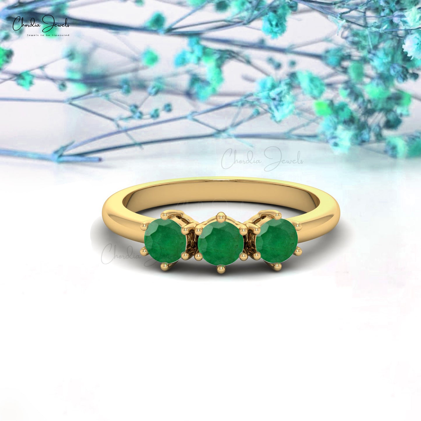 Modern Trilogy Ring In 14k Solid Gold Genuine Emerald Gemstone Prong Set Anniversary Ring