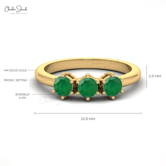 Modern Trilogy Ring In 14k Solid Gold Genuine Emerald Gemstone Prong Set Anniversary Ring