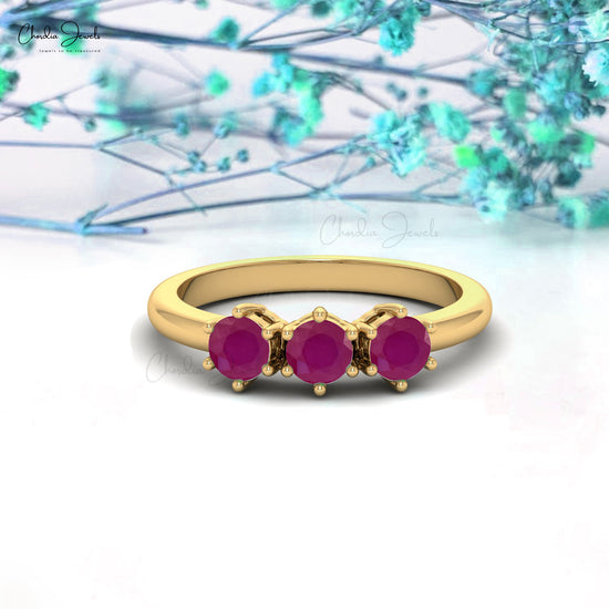 Natural Ruby Prong Set Trinity Ring 14k Real Gold Engagement Ring 4mm Round Cut Gemstone Grace Jewelry For Her