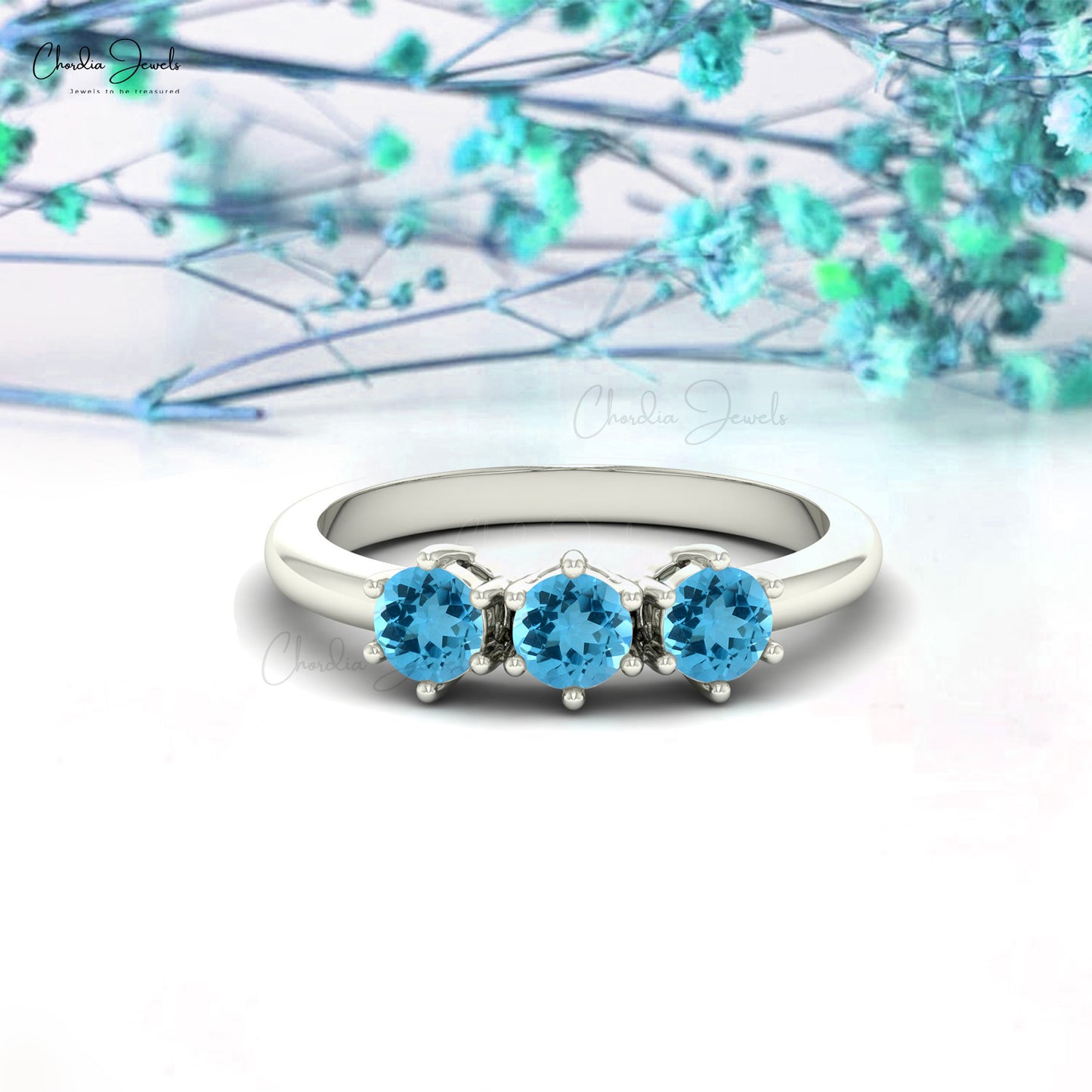 Natural Swiss Blue Topaz December Birthstone Ring in 14k Real Gold Engagement Ring