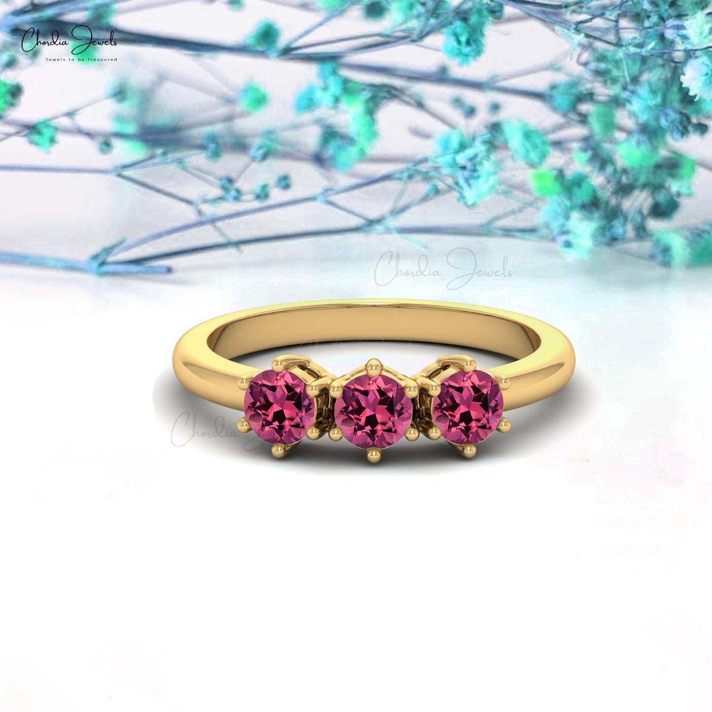 Natural Pink Tourmaline Proposal Ring 14k Real Gold Three Stone Ring 4mm Brilliant Round Cut Gemstone Hallmarked Classic Jewelry