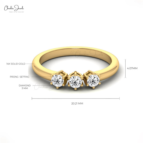 Certified White Diamond Trinity Ring Genuine 14k Real Gold Wedding Ring 3mm Round Cut Gemstone Jewelry For Valentine's Day
