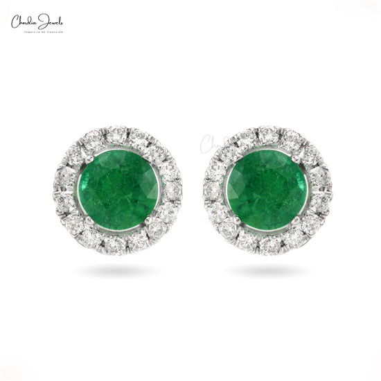 Natural Emerald Halo Earrings in 14k Real White Gold | Chordia Jewels