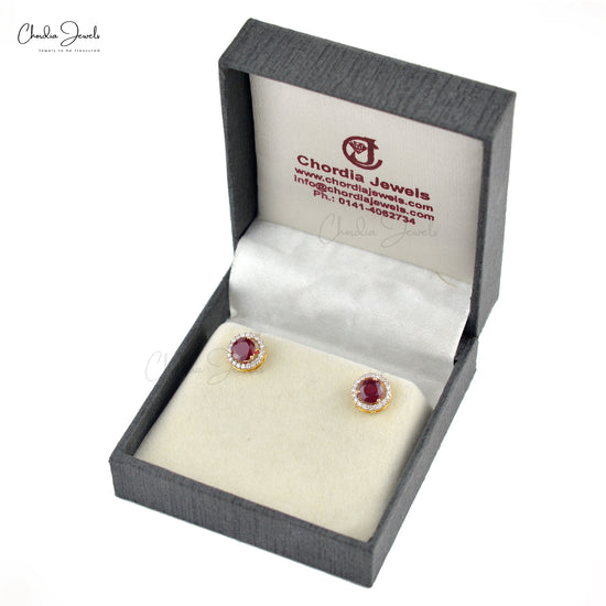 Natural Ruby Diamond Halo Earrings in 14k Yellow Gold July Birthstone Detachable Studs