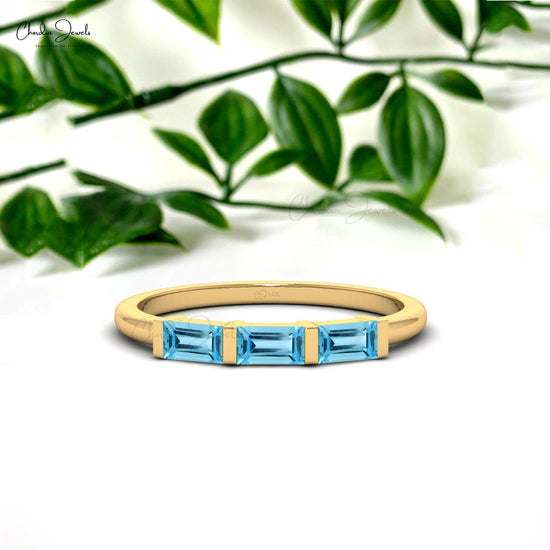 Trilogy Promise Ring With 0.24 Ct Swiss Blue Topaz 14k Real Gold 3 Stone Dainty Rings