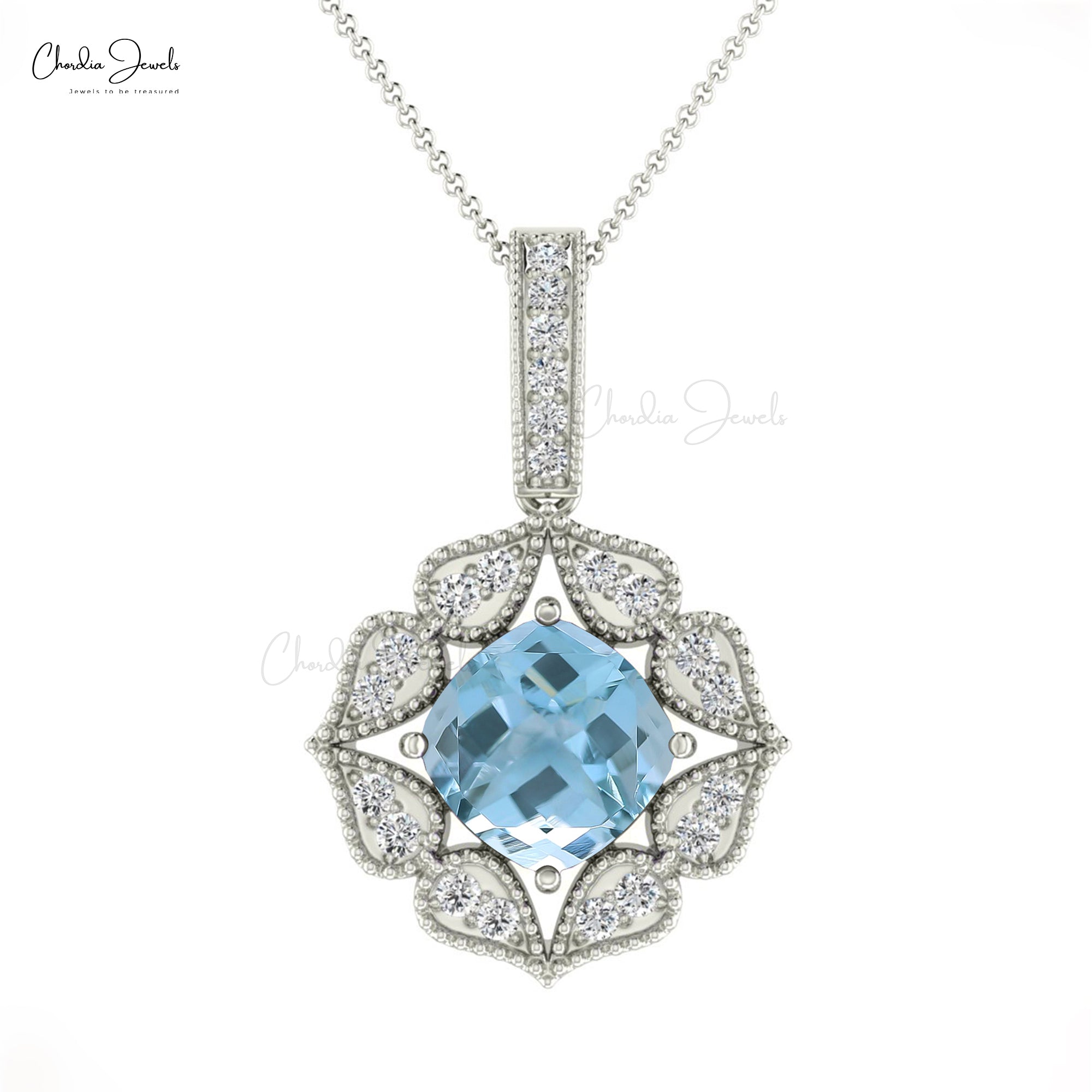 Buy Natural Aquamarine Diamond Halo 14k Gold Art Deco Pendant