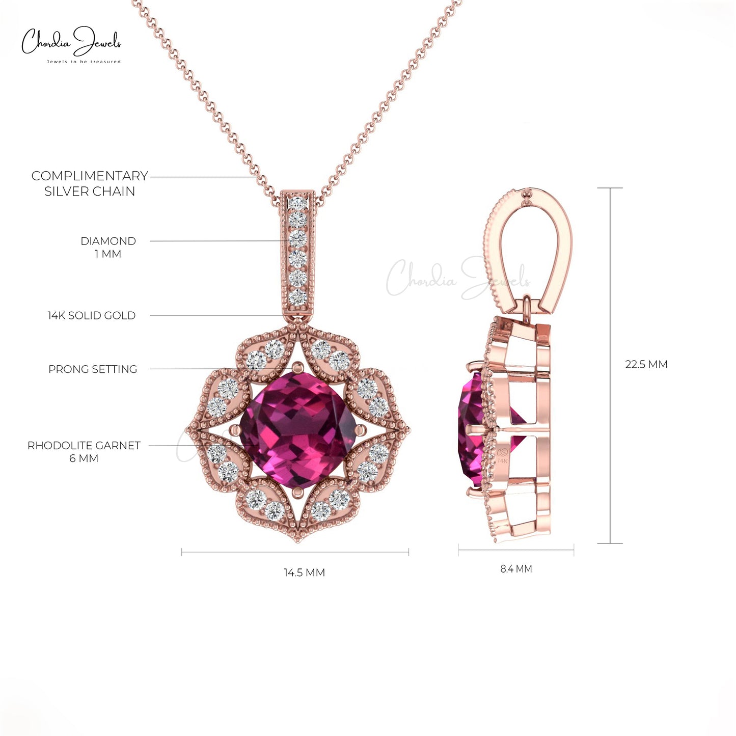 Dazzling Rhodolite Garnet Diamond Accents Pendant 14k Solid Gold Unique Pendant For Wedding Gift