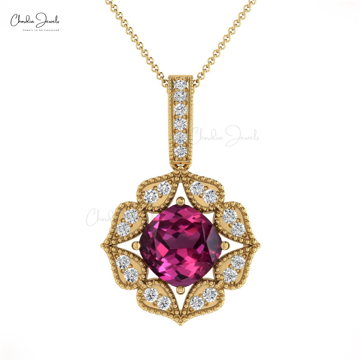 Dazzling Rhodolite Garnet Diamond Accents Pendant 14k Solid Gold Unique Pendant For Wedding Gift