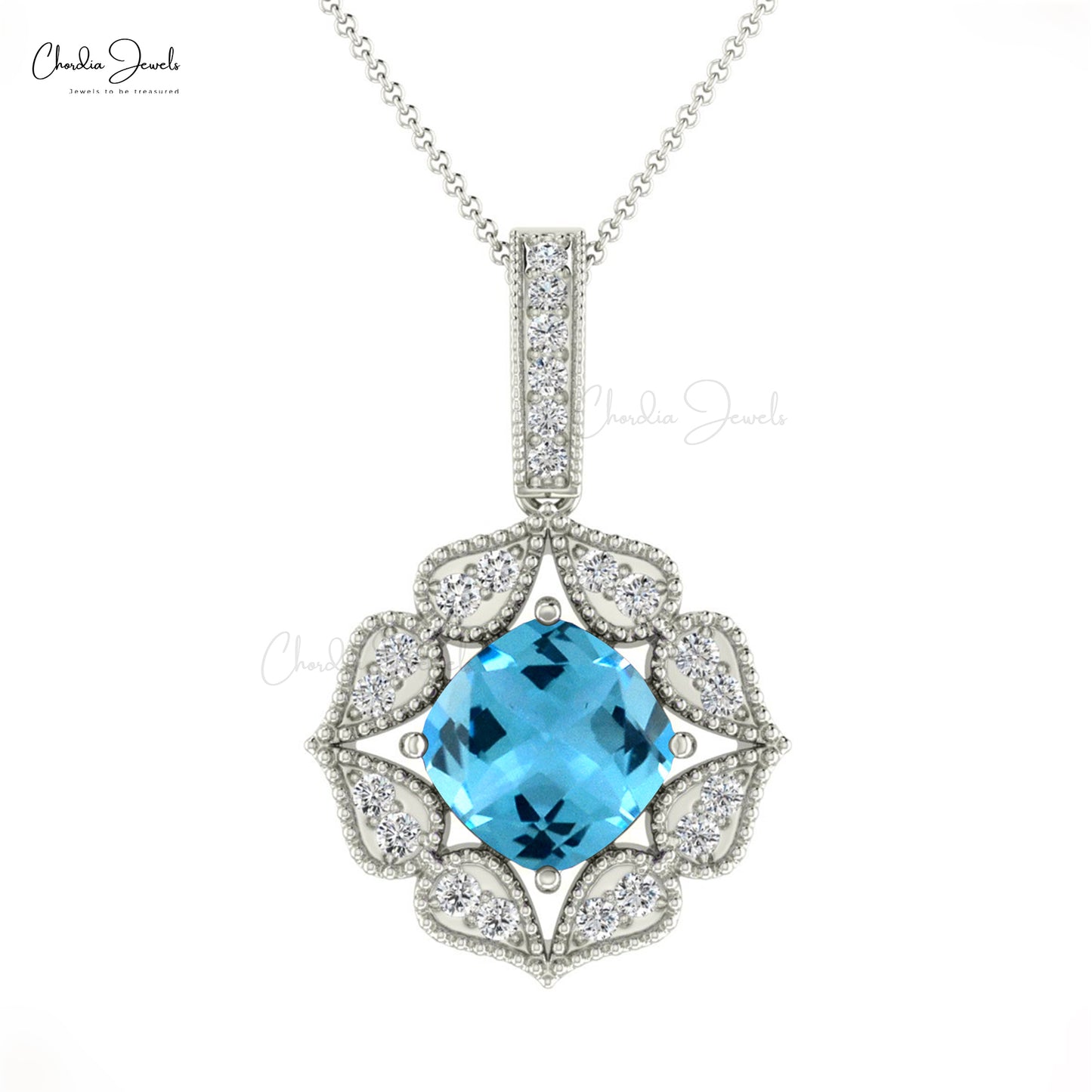 Natural 1.42CT Swiss Blue Topaz Gemstone Pendant 14k Solid Gold Diamond Halo Pendant For Her