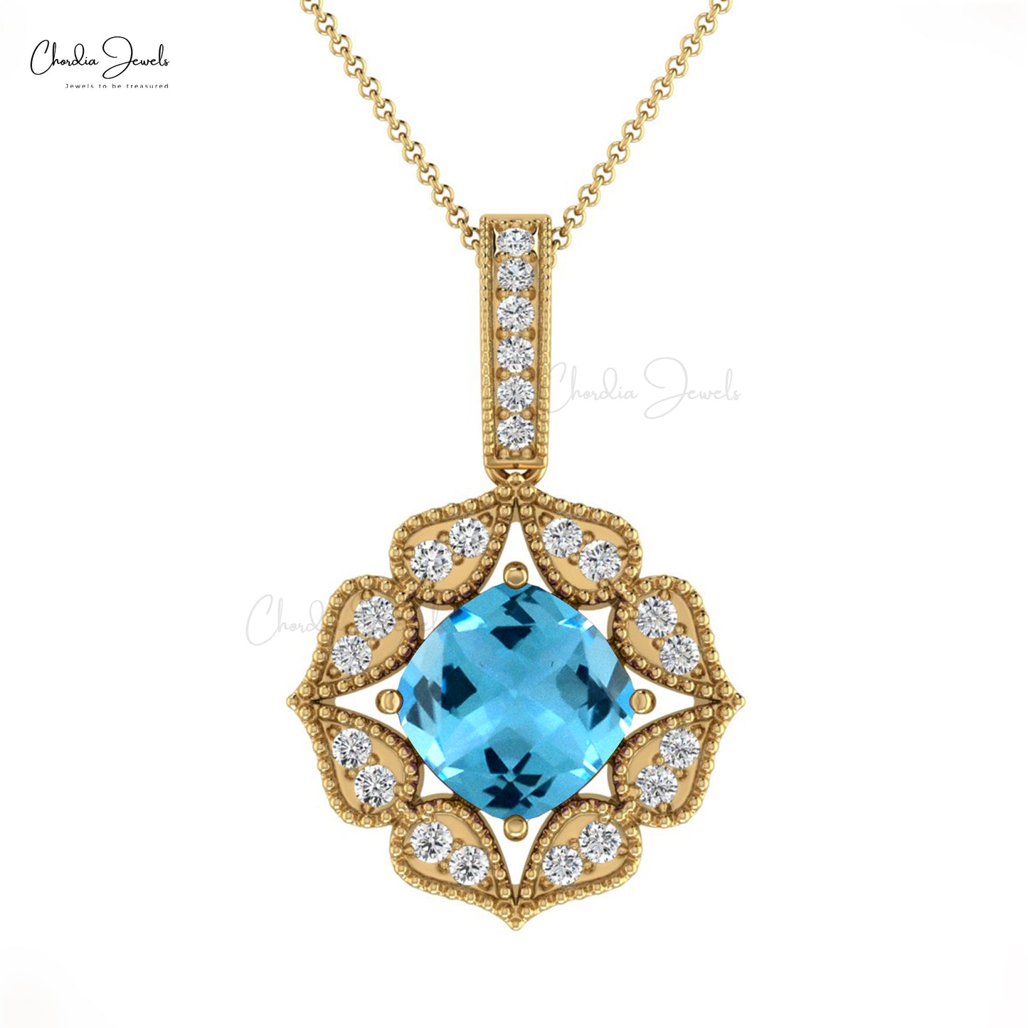 Natural 1.42CT Swiss Blue Topaz Gemstone Pendant 14k Solid Gold Diamond Art Deco Pendant For Her
