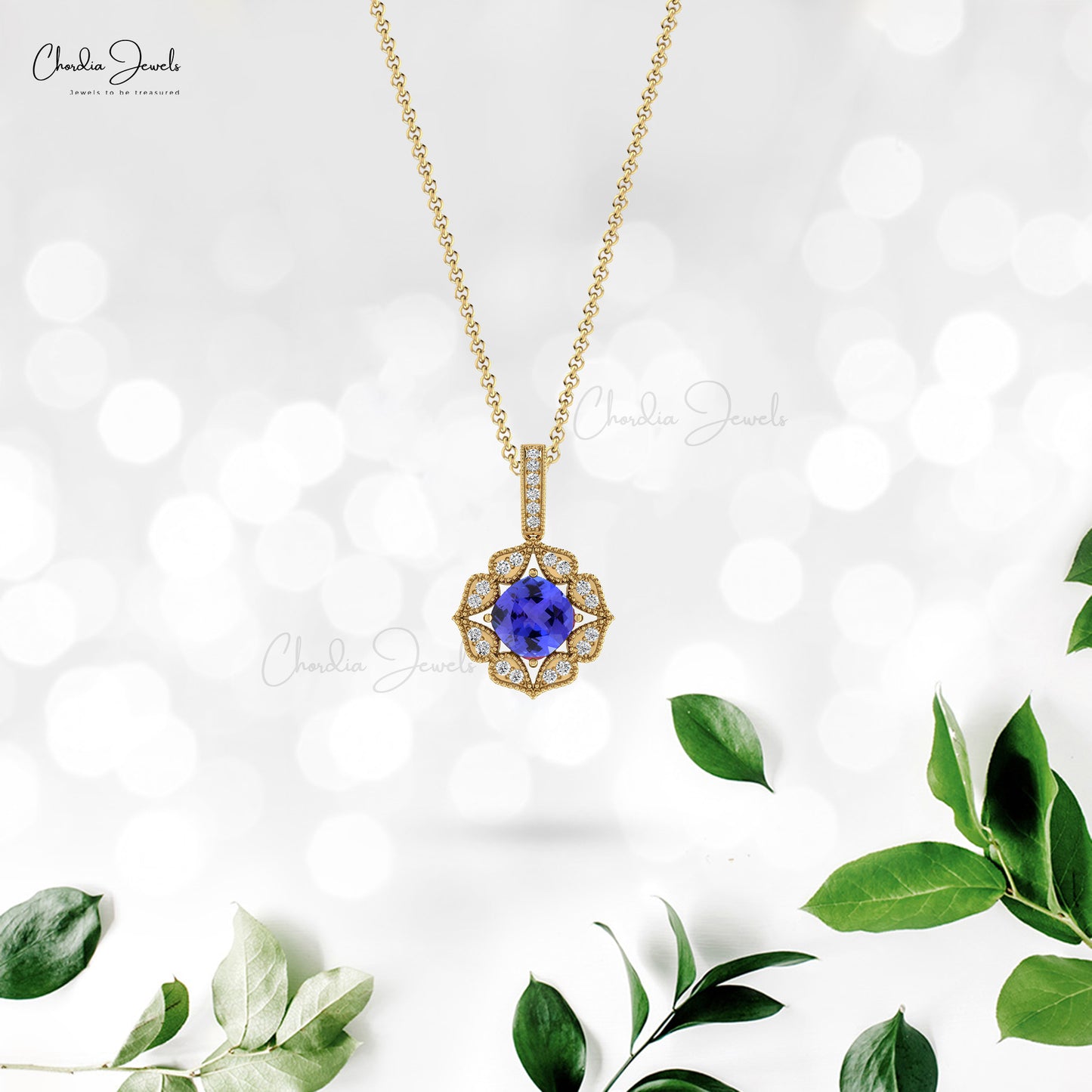 Art Deco Inspired Pendant In 14k Real Gold Tanzanite 6mm Gemstone And Diamond Necklace
