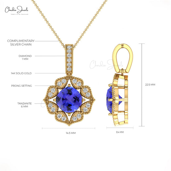 Natural Tanzanite Pendant 1.10Ct Cushion Cut Gemstone Handmade Pendant 14k Real Gold Diamond Art Deco Inspired Pendant Personalized Gift For Her