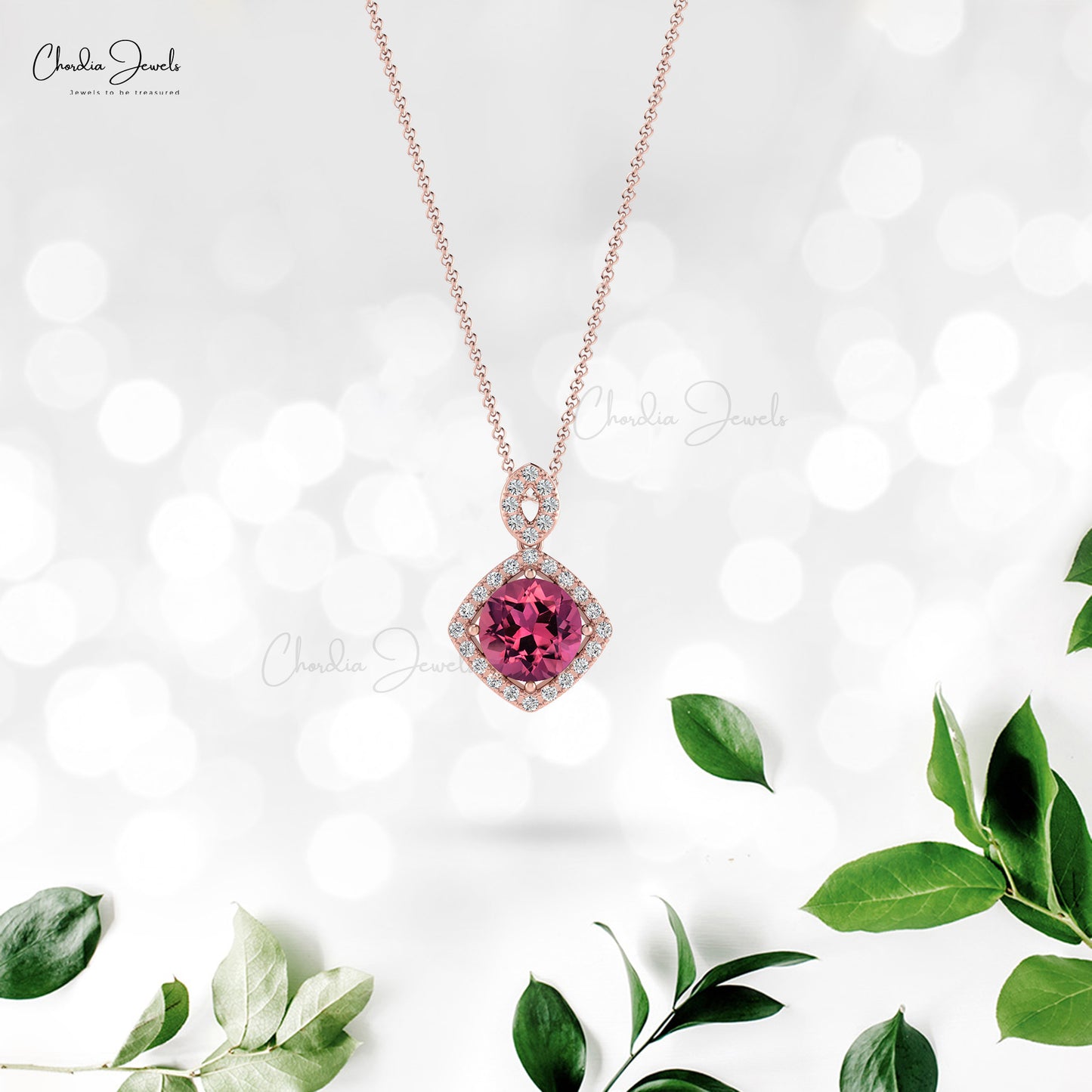 Brilliant Round Cut 7mm Natural Pink Tourmaline Pendant 14k Solid Gold Diamond Halo Pendant For October Birthstone