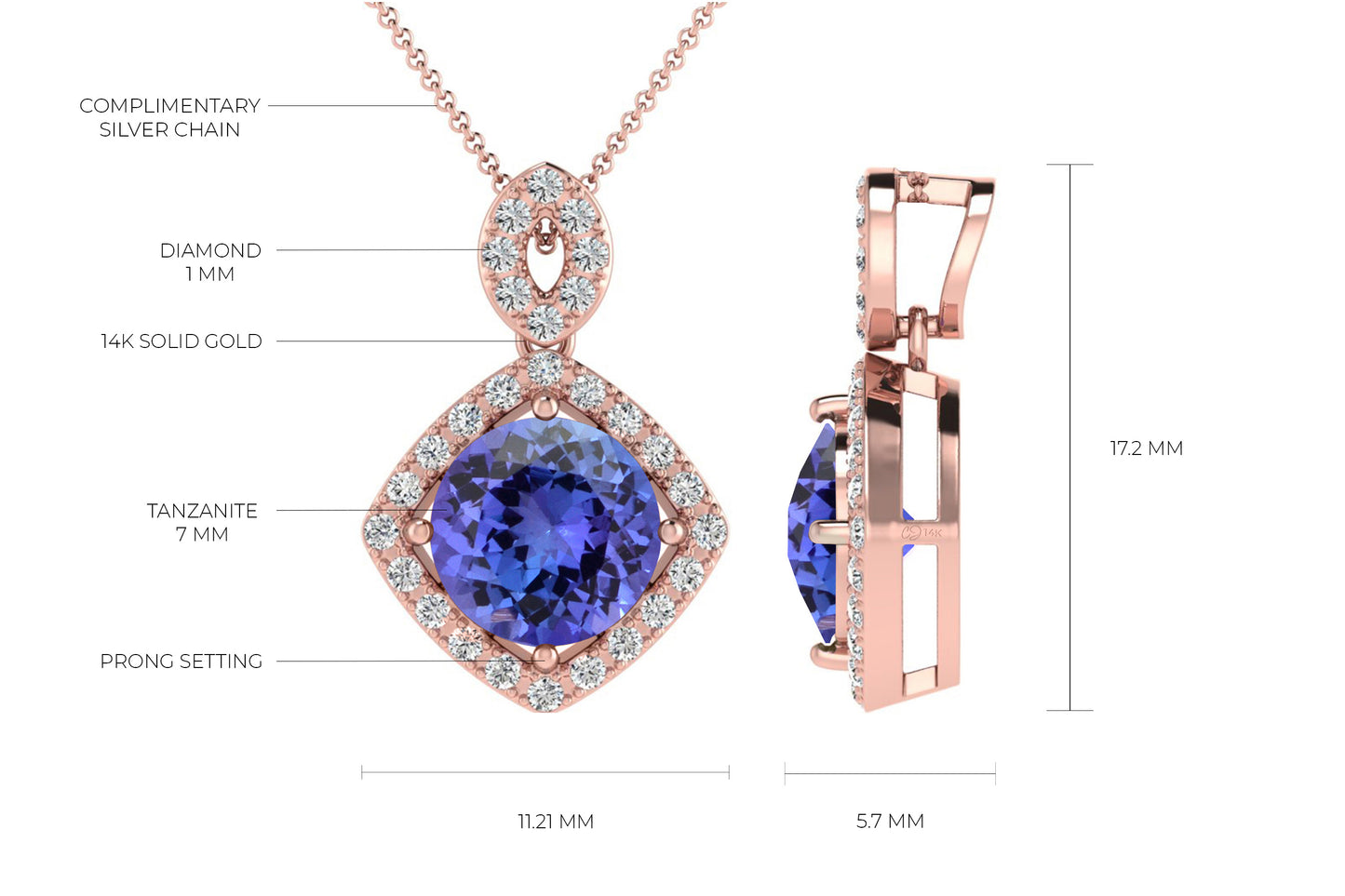 Elegant Tanzanite Prong Set Pendant 7mm Round Cut Gemstone Halo Pendant Genuine 14k Real Gold G-H Diamond Minimalist Jewelry For Gift