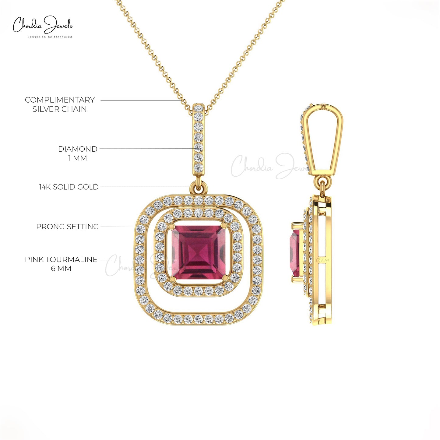 October Birthstone Genuine Pink Tourmaline Double Halo Pendant 14k Solid Gold Diamond Pendant For Birthday Gift