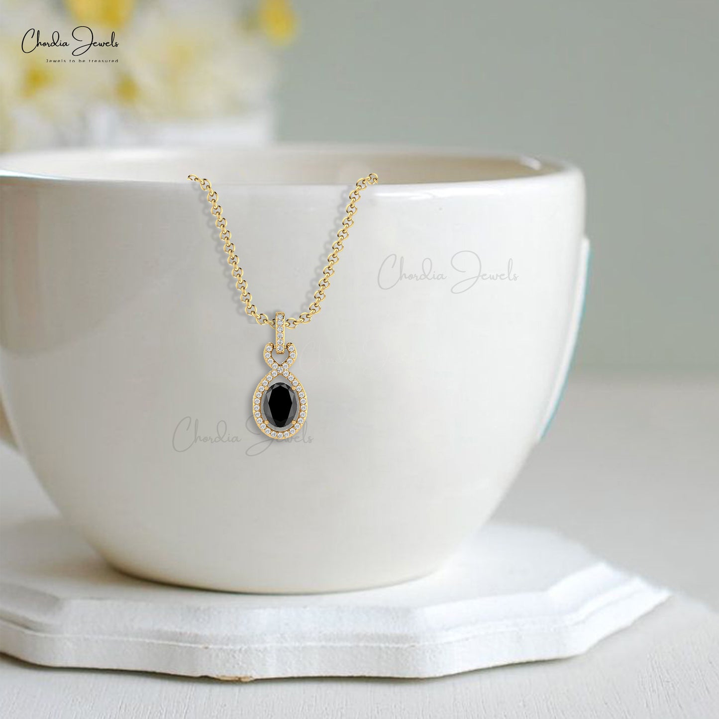 Solid 14k Gold G-H Diamond Halo Bail With Natural 0.71CT Oval Black Diamond Pendant