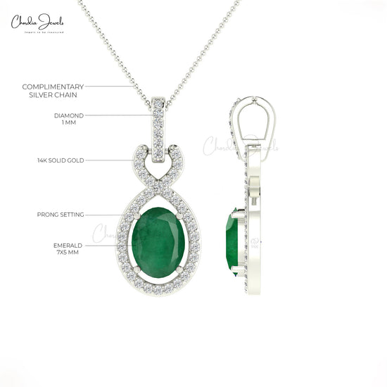 Halo Pendant With 14k Solid Gold Bail Genuine Emerald & Diamond Twisted Pendant For Wife