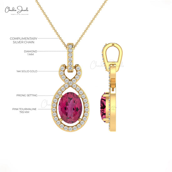 Load image into Gallery viewer, Natural Pink Tourmaline Halo Pendant With Bail 14k Solid Gold Diamond Pendant 7x5mm Oval Cut Gemstone Pendant For October Birthstone

