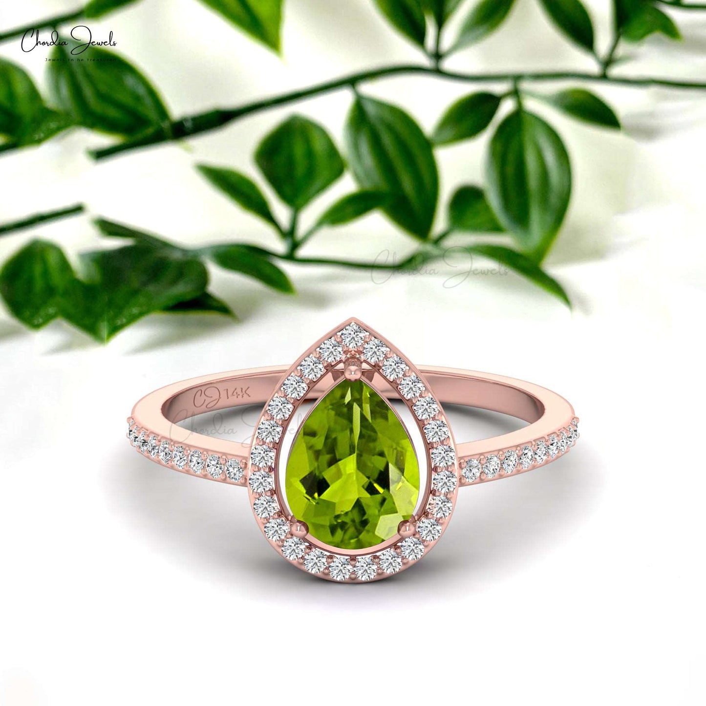 14k Solid Gold Handmade Diamond Ring, 8x6 mm Pear Cut Peridot Prong Setting Halo Engagement Ring, Natural Peridot Solitaire Halo Ring, Wedding Ring