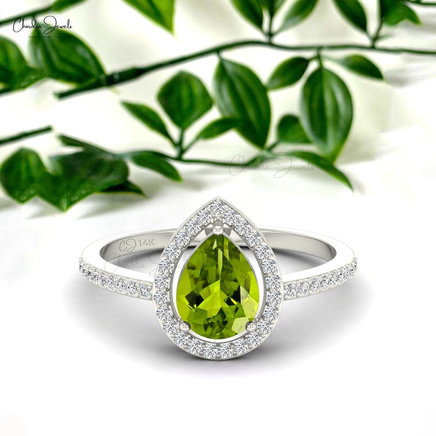 14k Solid Gold Handmade Diamond Ring, 8x6 mm Pear Cut Peridot Prong Setting Halo Engagement Ring, Natural Peridot Solitaire Halo Ring, Wedding Ring