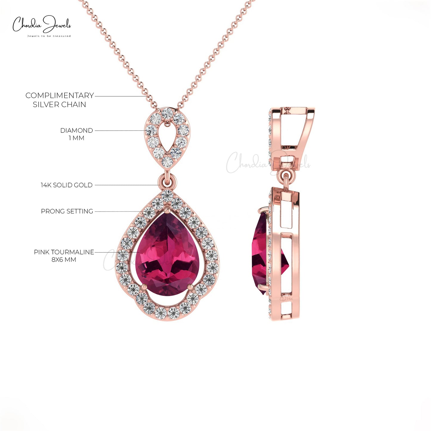 Genuine Pink Tourmaline Art Deco Pendant 14k Solid Gold Diamond Pendant 8x6mm Pear Cut Gemstone Pendant For Women's
