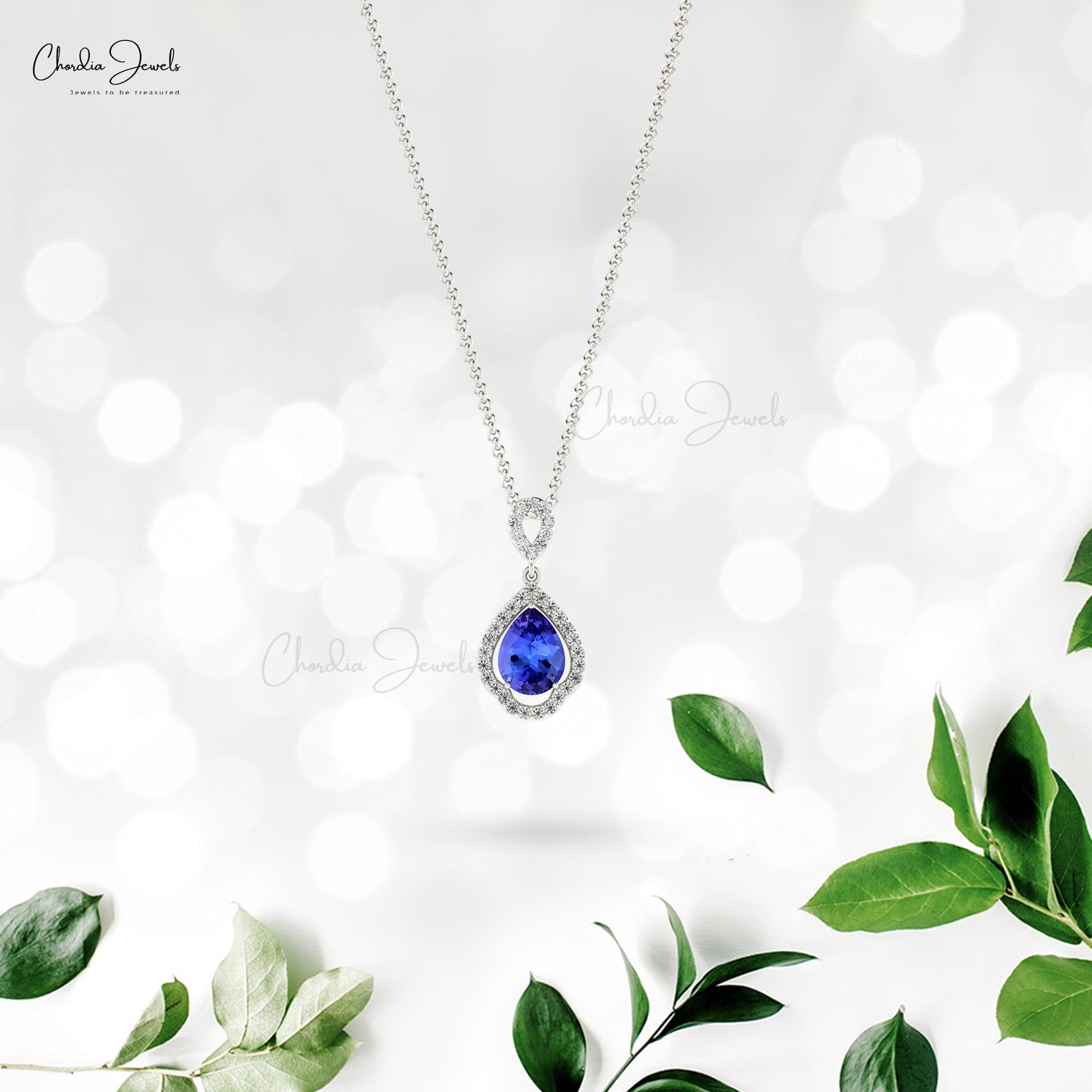 Dangle Art Deco Pendant In 14k Solid Gold Tanzanite 1. Ct Pear Cut And Diamond Necklace