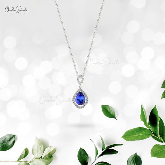 Dangle Art Deco Pendant In 14k Solid Gold Tanzanite 1. Ct Pear Cut And Diamond Necklace