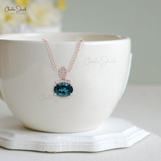 Gemstone Women Pendant In 14k Solid Gold London Blue Topaz And Diamond Cluster Necklace