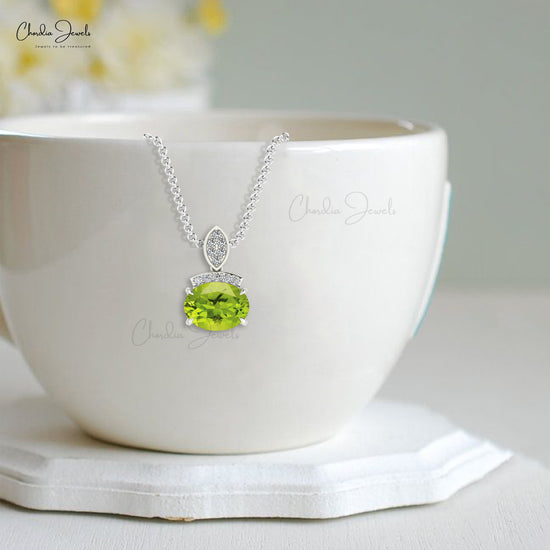 Dainty Pendant With Peridot Gemstone 14k Solid Gold Diamond Accents Pendant For Birthday Gift